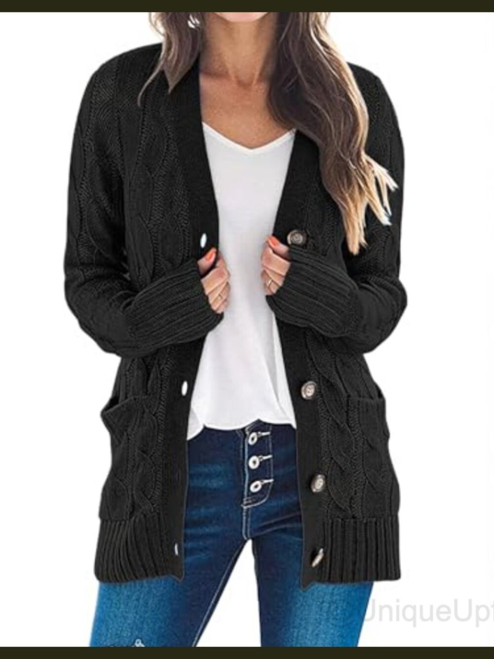 Cable Knit Button Down Cardigan Sweater Long Sleeve V-Neck Pockets Relaxed